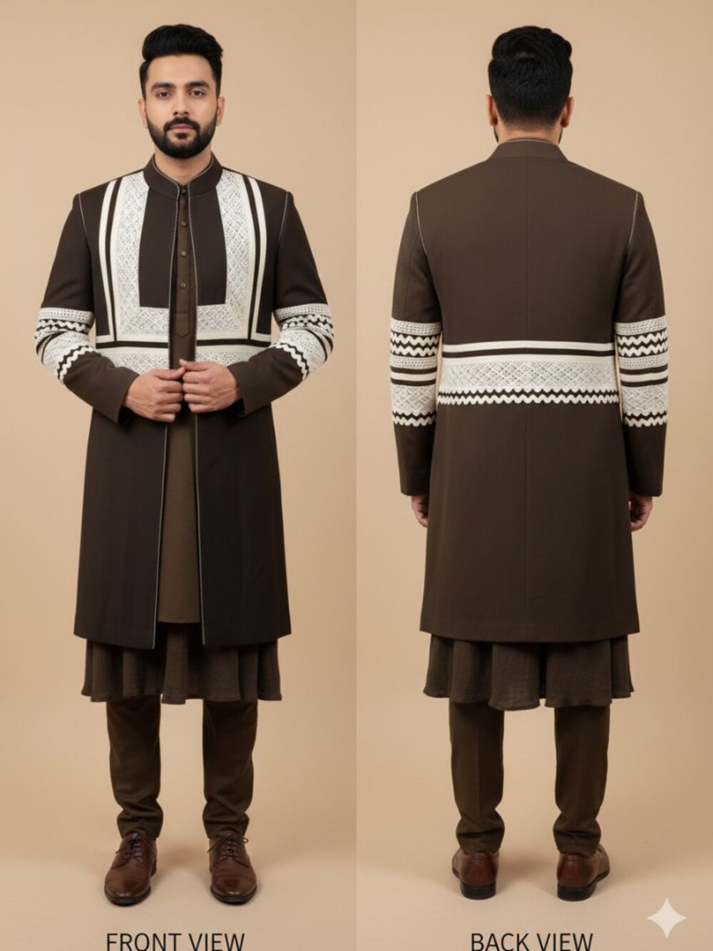 Dark Brown Embroidered Long Sherwani with White Detail